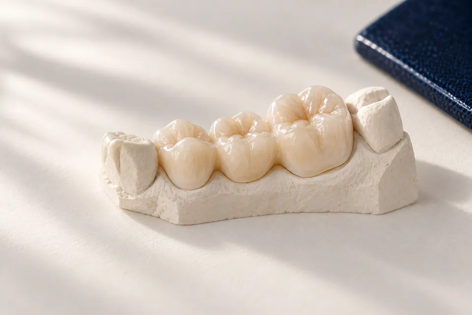 Puente de zirconia de tres unidades sobre un modelo de yeso